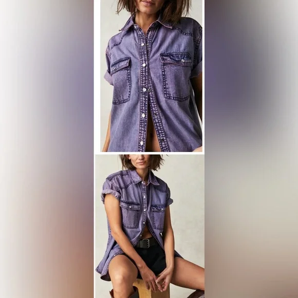 We The Free Purple Button Down Shirt - Picture 2 of 10